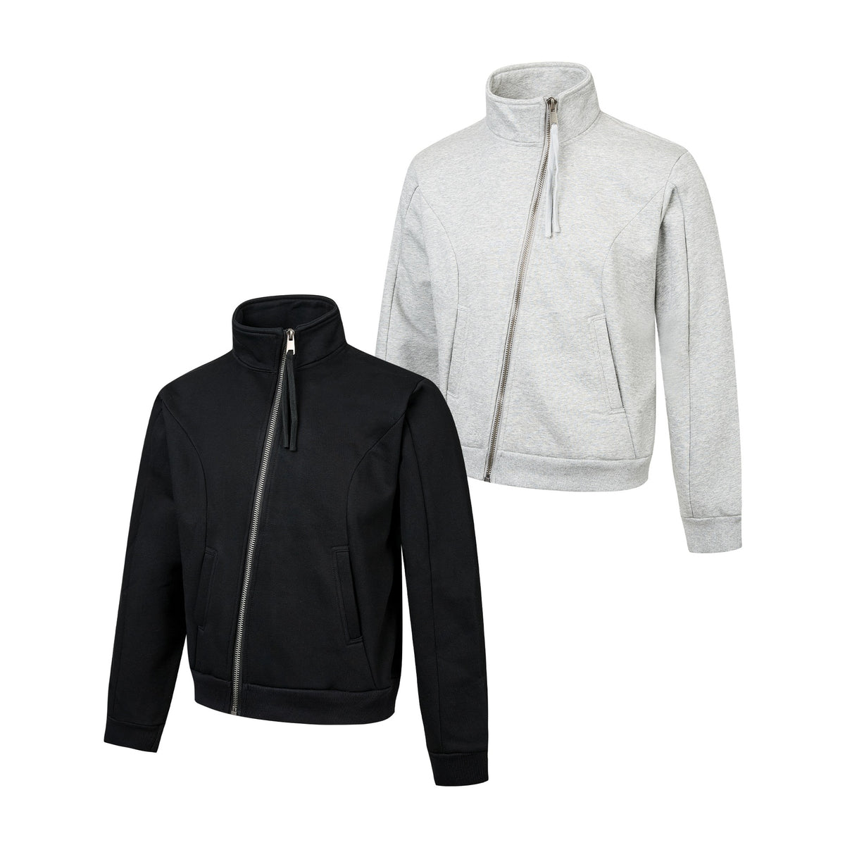 Unisex Short-cut Sweat Jacket with High Stand-up Collar and Asymmetrical Zipper EVA-US