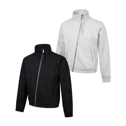 Unisex Short-cut Sweat Jacket with High Stand-up Collar and Asymmetrical Zipper EVA-US