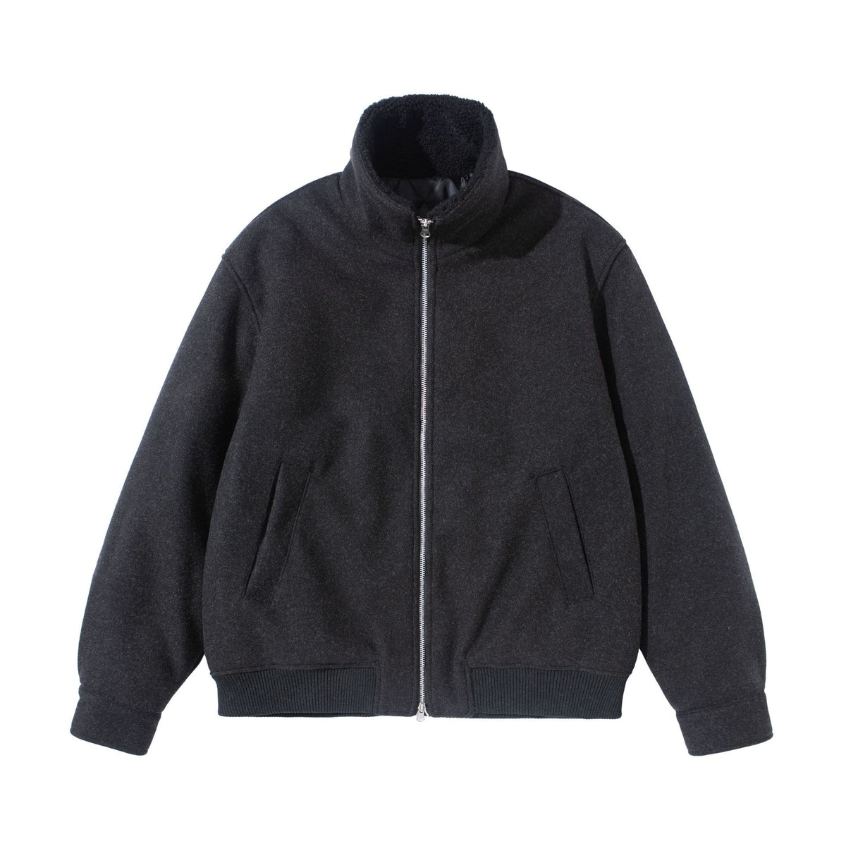 Unisex Boxy Wool Felt Bomber Jacket with High Stand-Up Collar, Fleece Lining and Ribbed Hem EVA-US