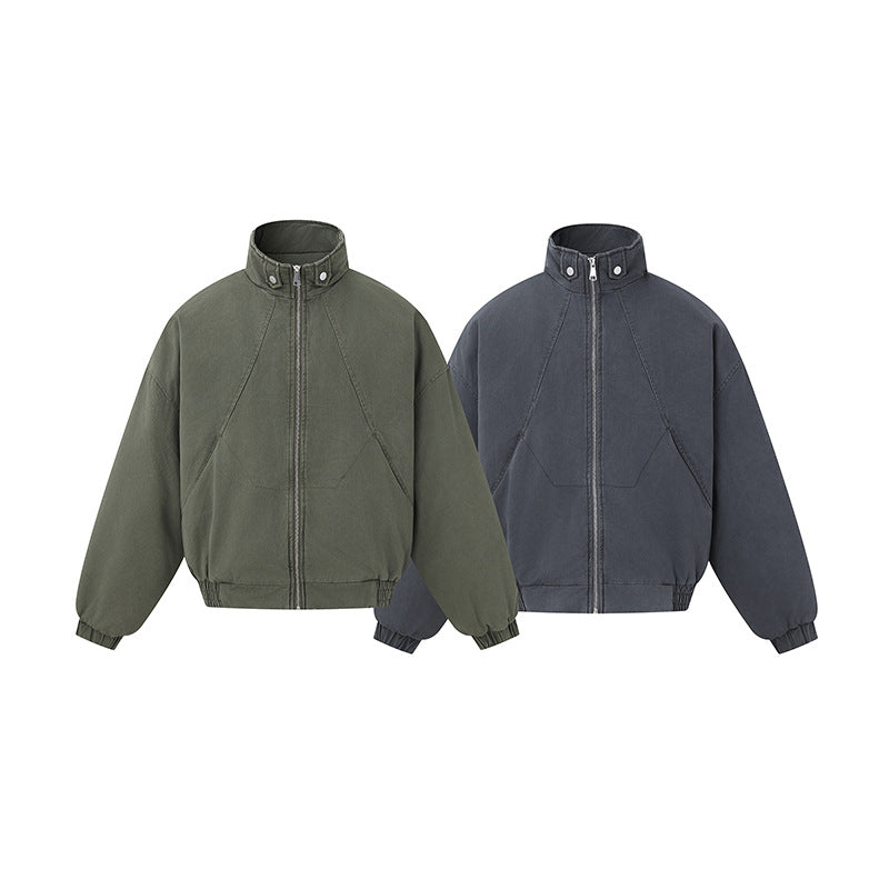Unisex Boxy-Canvas-Bomber Jacket with High Stand-Up Collar, Diagonal Seam Design and Elastic Hem EVA-US