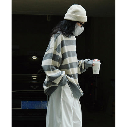 Women’s Oversized Cotton Blend Knit Sweater with Wide Block Stripes and Dropped Shoulder EVA-US