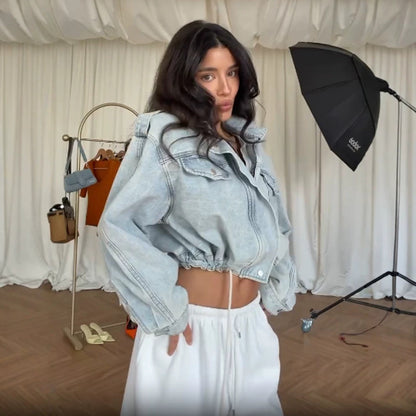 Women's Cropped Denim Jacket with Drawstring, Boxy Oversized Silhouette & Flap Pockets EVA-US