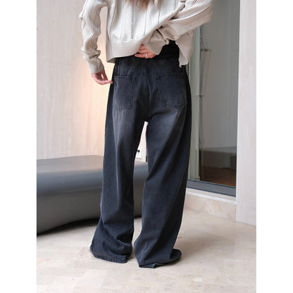 Women's Wide High-Waist Denim Palazzo Pants with Vintage Wash EVA-US