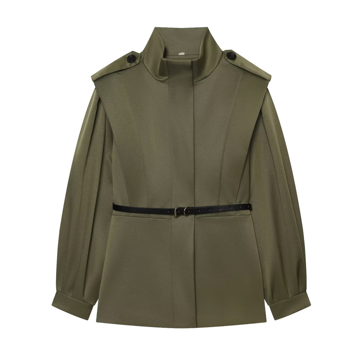 Women Short Cape Trench with High Funnel Collar and Waist Belt EVA-US