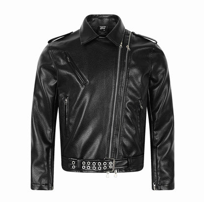 Men's Asymmetrical Biker Jacket Made of Faux Leather with Studded Hem and Multiple Zippers EVA-US