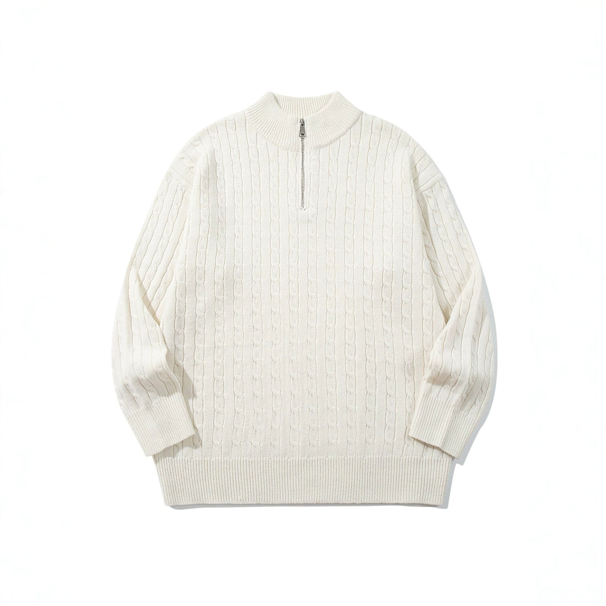 Unisex Cable Knit Half-Zip Sweater with High Ribbed Collar and Longer Hem EVA-US