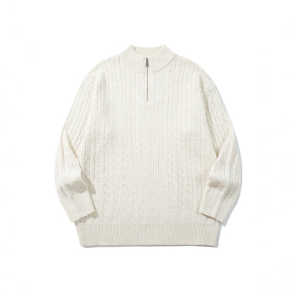 Unisex Cable Knit Half-Zip Sweater with High Ribbed Collar and Longer Hem EVA-US