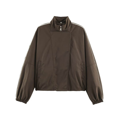 Women's Oversize Bomber Jacket in Blouson Style with High Stand-Up Collar, Concealed Zipper and Contrast Piping EVA-US