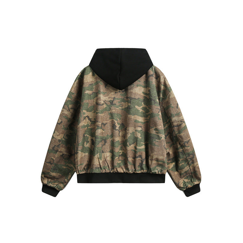Men's short-cut oversized bomber in layer look with integrated hood and camouflage jacquard fabric