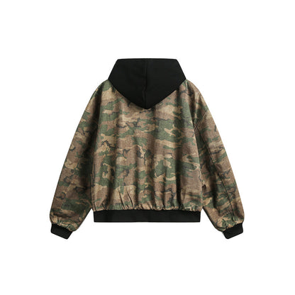 Men's short-cut oversized bomber in layer look with integrated hood and camouflage jacquard fabric