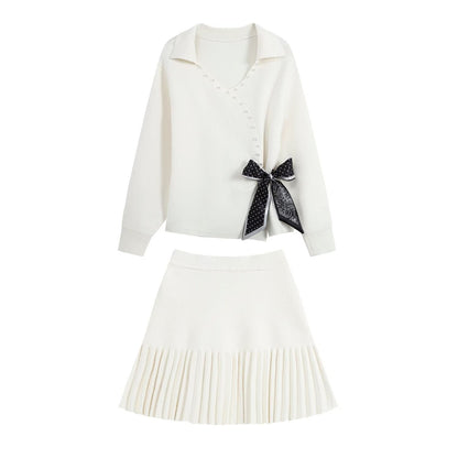Ladies Two-Piece Fine Knit Set with V-Wrap Top, Bead Trim and Pleated Midi Skirt EVA-US