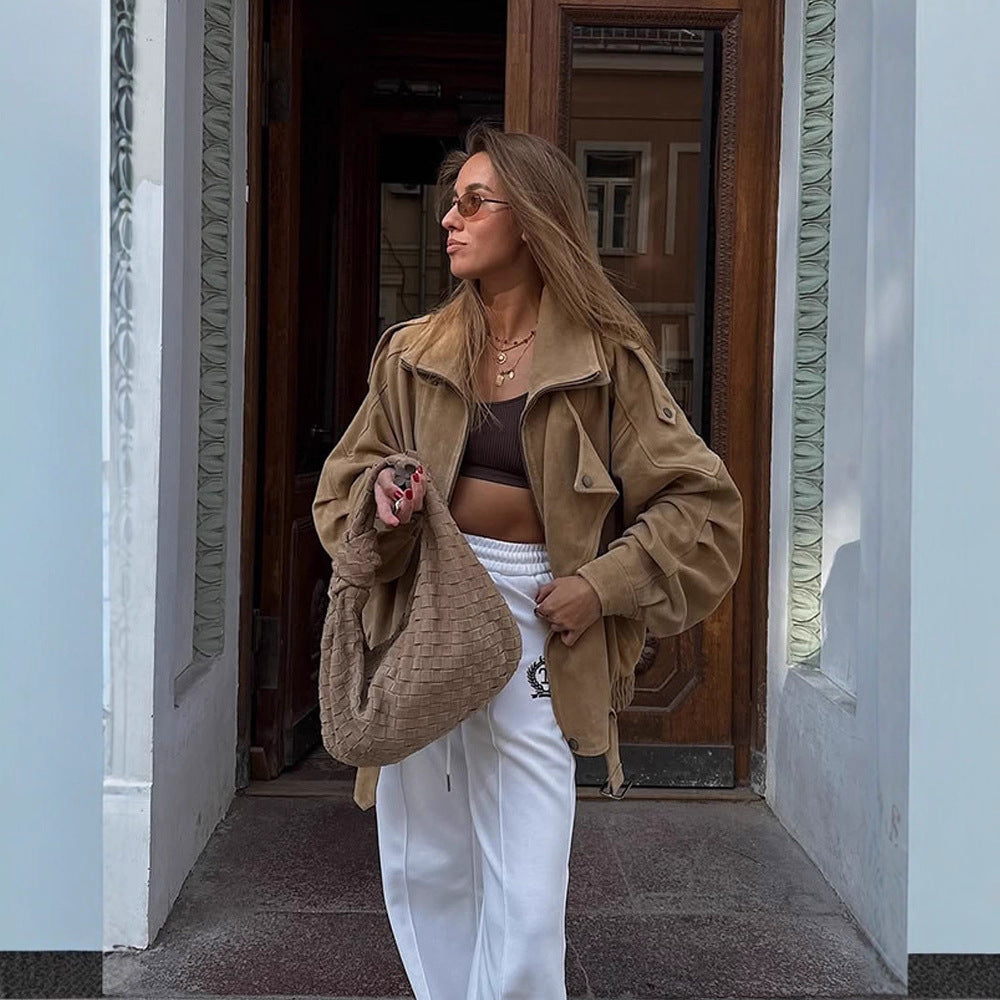 Women's Oversized Suede Leather Bomber Jacket with Epaulettes and Adjustable Waist EVA-US