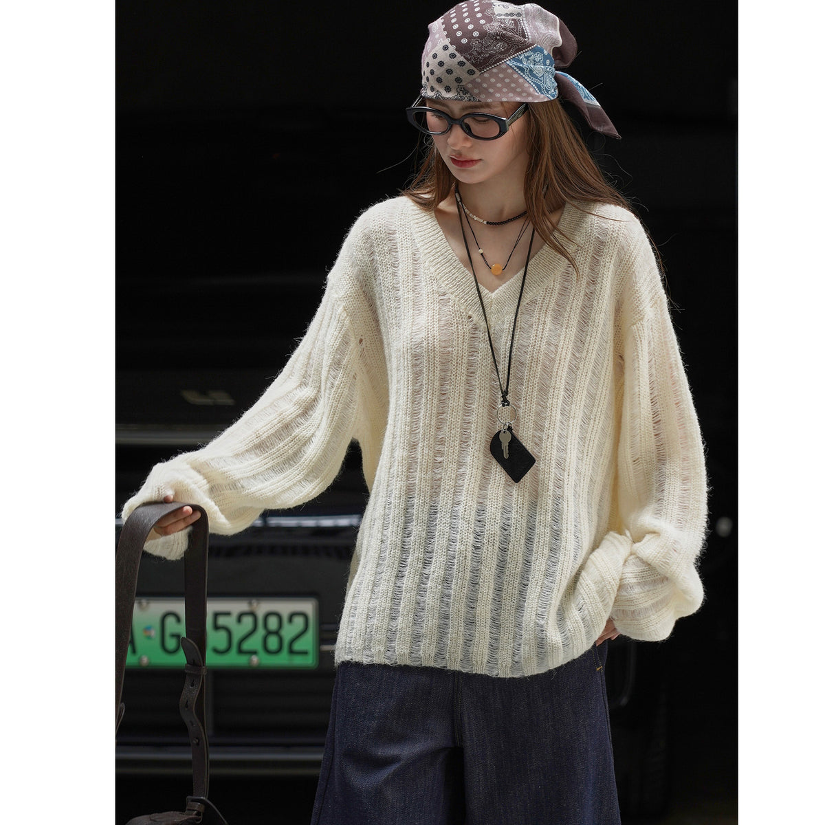 Women Casual V-Neck Sweater made of Fluffy Mix with Structured Rib Look EVA-US