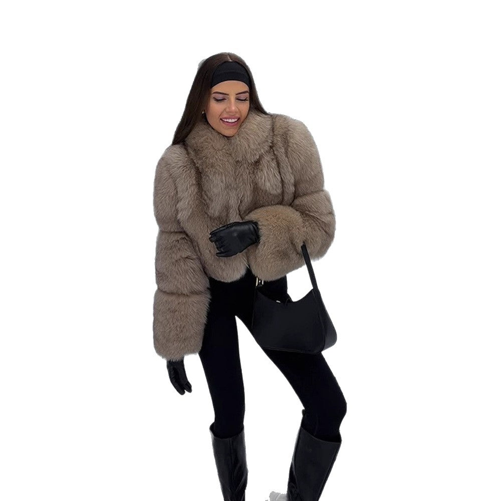 Women's Short Cut Luxury Faux Fur Blouson with Voluminous Shawl Collar EVA-US
