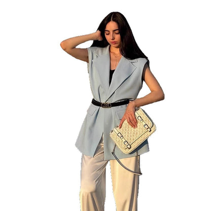 Women Sleeveless Long Blazer Vest with Emphasized Shoulder and Waist Shape EVA-US