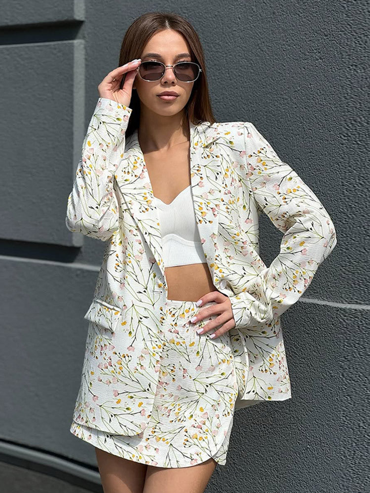 Ladies Floral Blazer and Mini Skirt Set made of textured cotton blend EVA-US