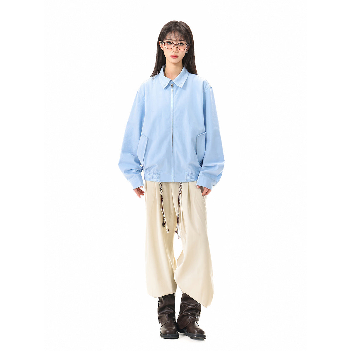 Unisex Light Boxy Blouson Jacket with Shirt Collar and Concealed Zipper EVA-US