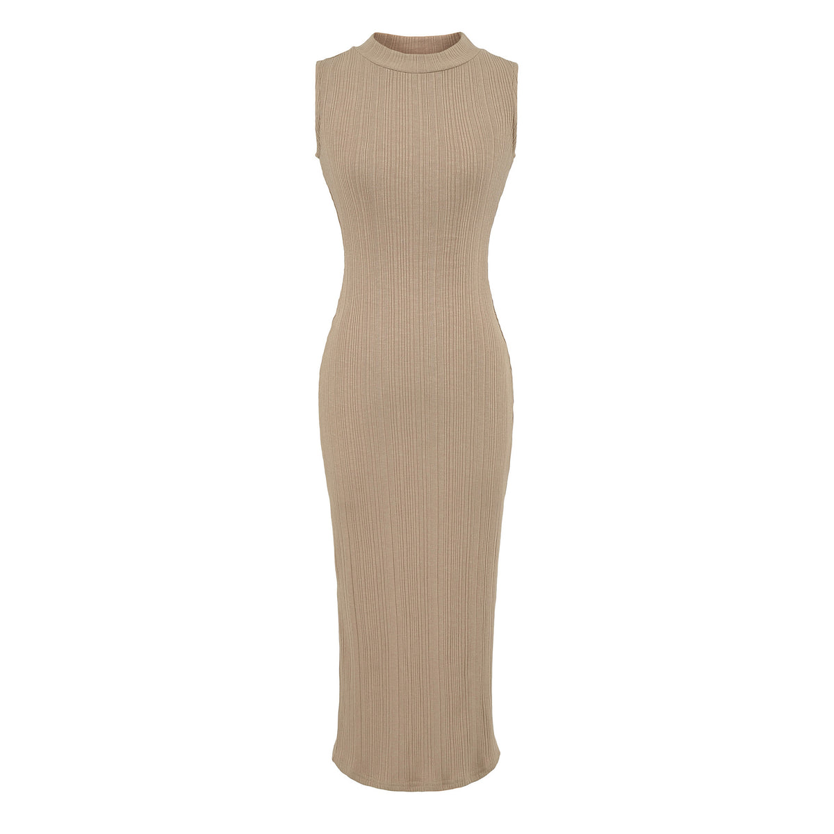 Women’s midi dress in rib knit, sleeveless slim-fit with stand-up collar EVA-US