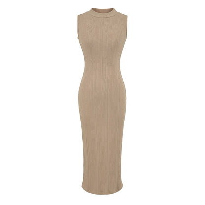 Women’s midi dress in rib knit, sleeveless slim-fit with stand-up collar EVA-US