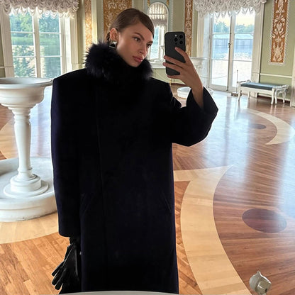 Women's long wool blend coat with generous faux fur shawl collar and oversized cut EVA-US
