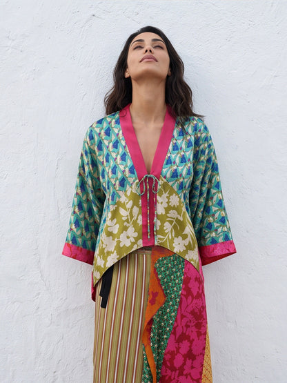 Women's Patchwork Kimono Top made of silk blend with deep V-neck and tie belt EVA-US