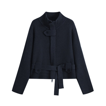 Women's cardigan with stand collar, zipper and waist tie belt EVA-US