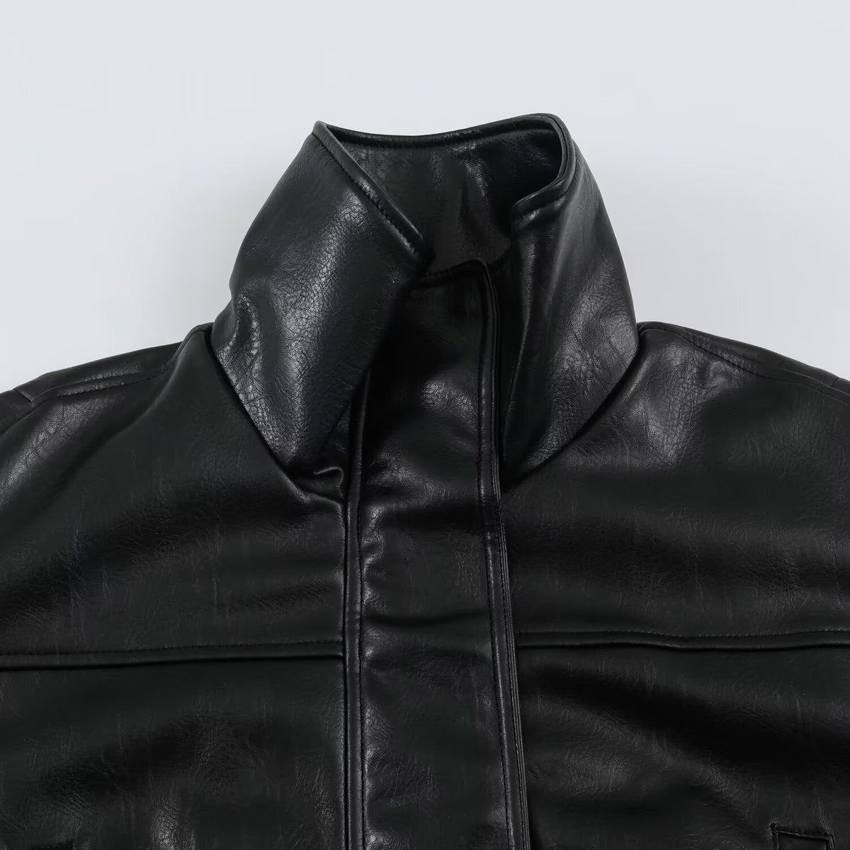 Women's Oversized Leather Look Blouson Jacket with Stand-up Collar and Elastic Hem EVA-US