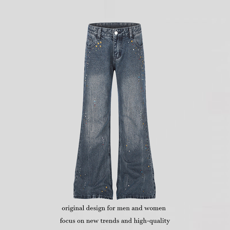 Women High-Waist Flared Jeans with Pearl and Stud Decoration EVA-US