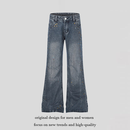 Women High-Waist Flared Jeans with Pearl and Stud Decoration EVA-US