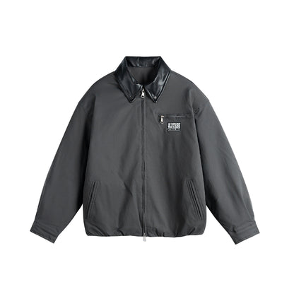 Unisex Oversized Blouson Jacket with Faux Leather Shawl Collar, Two-Way Zipper and Elastic Hem EVA-US