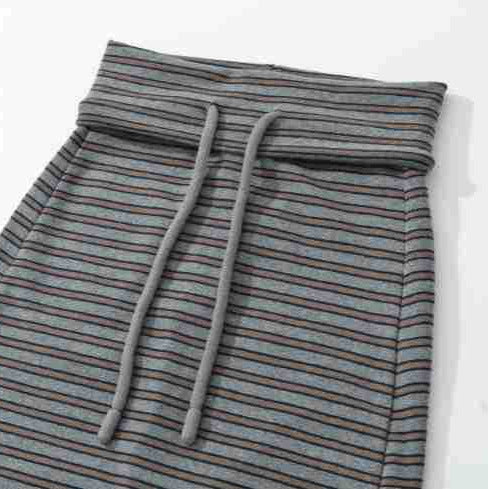 Women's Striped Midi Skirt made of Stretch Jersey with High Waistband and Drawstring EVA-US