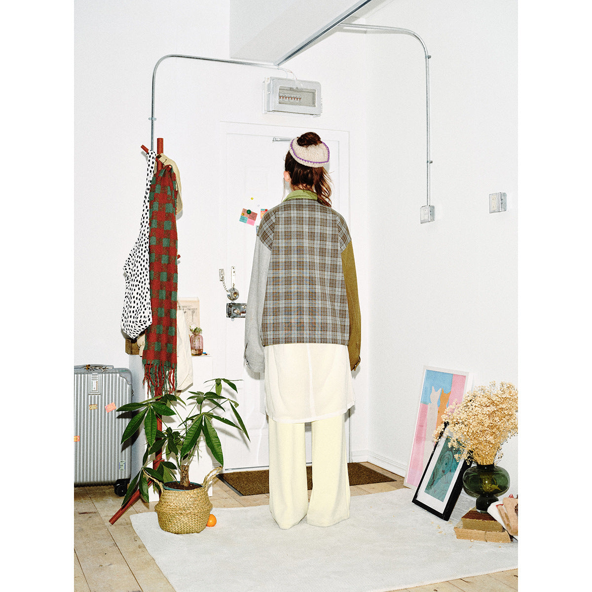 Women's Patchwork Blouson Jacket in Boxy Cut with Cord Collar EVA-US