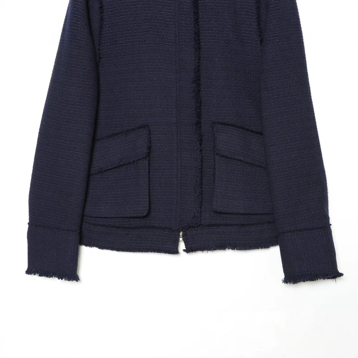Women Short Boucle Jacket with Fringe Hem, Shoulder Pads and Patch Pockets EVA-US
