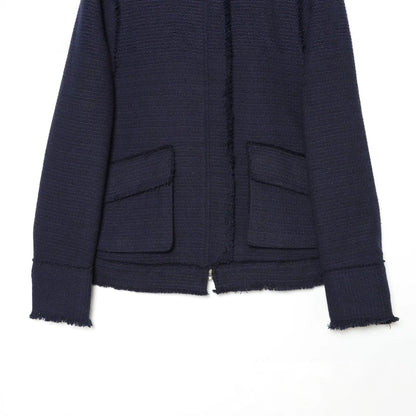 Women Short Boucle Jacket with Fringe Hem, Shoulder Pads and Patch Pockets EVA-US