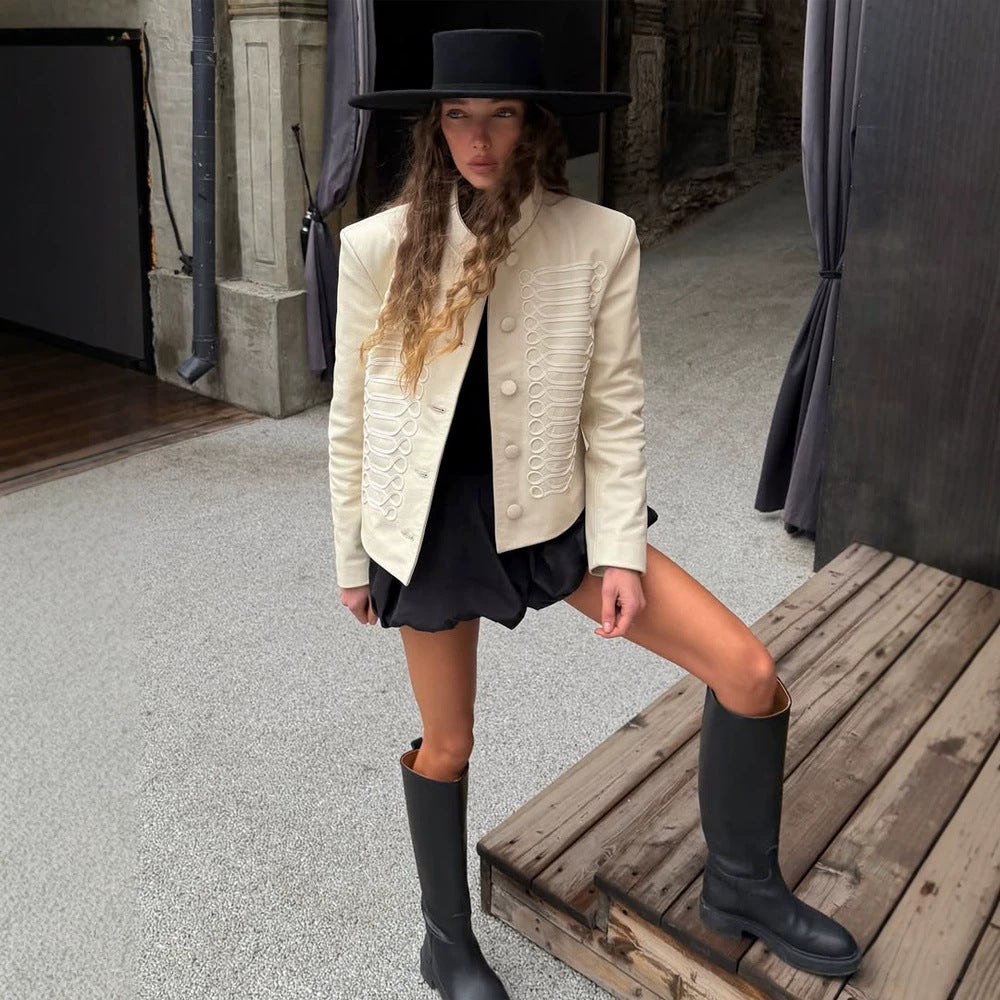Women's short jacket in military style with decorative cord embellishment and stand-up collar EVA-US
