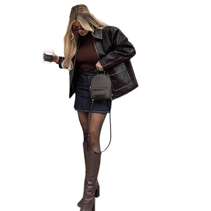 Women's Short Faux Leather Jacket in Aviator Look with Contrasting Decorative Seams EVA-US