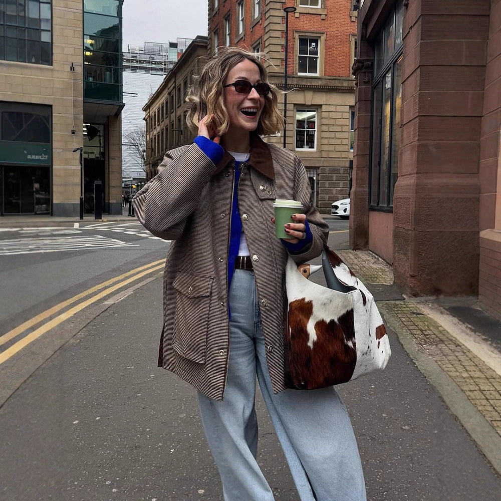 Women Oversize Boxy Jacket in Glencheck with Velvet Collar and Golden Decorative Buttons EVA-US