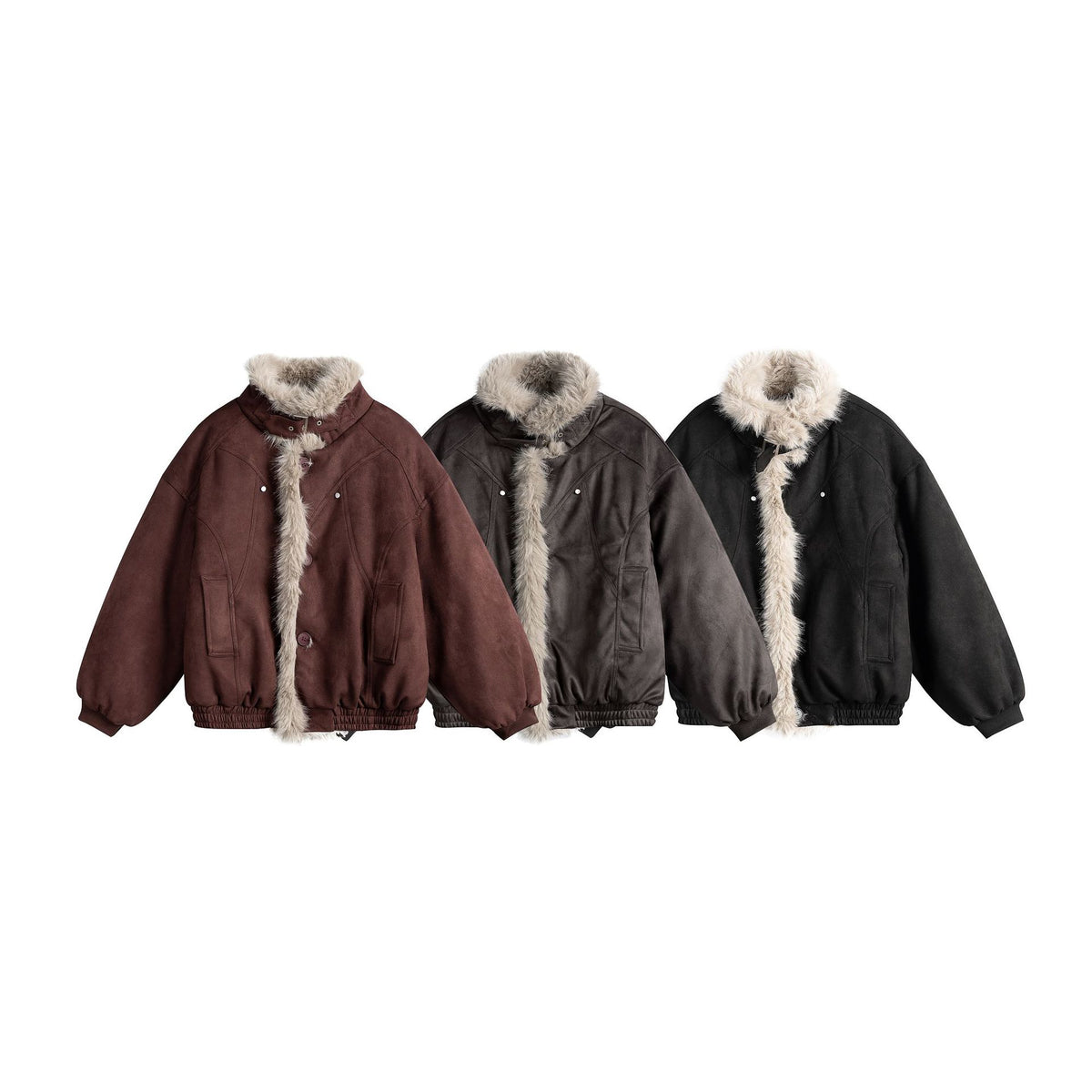 Women's boxy bomber jacket made of faux suede with a voluminous faux fur collar EVA-US