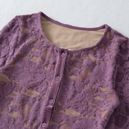 Ladies Fine Lace Cardigan with Matching Under Top and Velvet Trim EVA-US