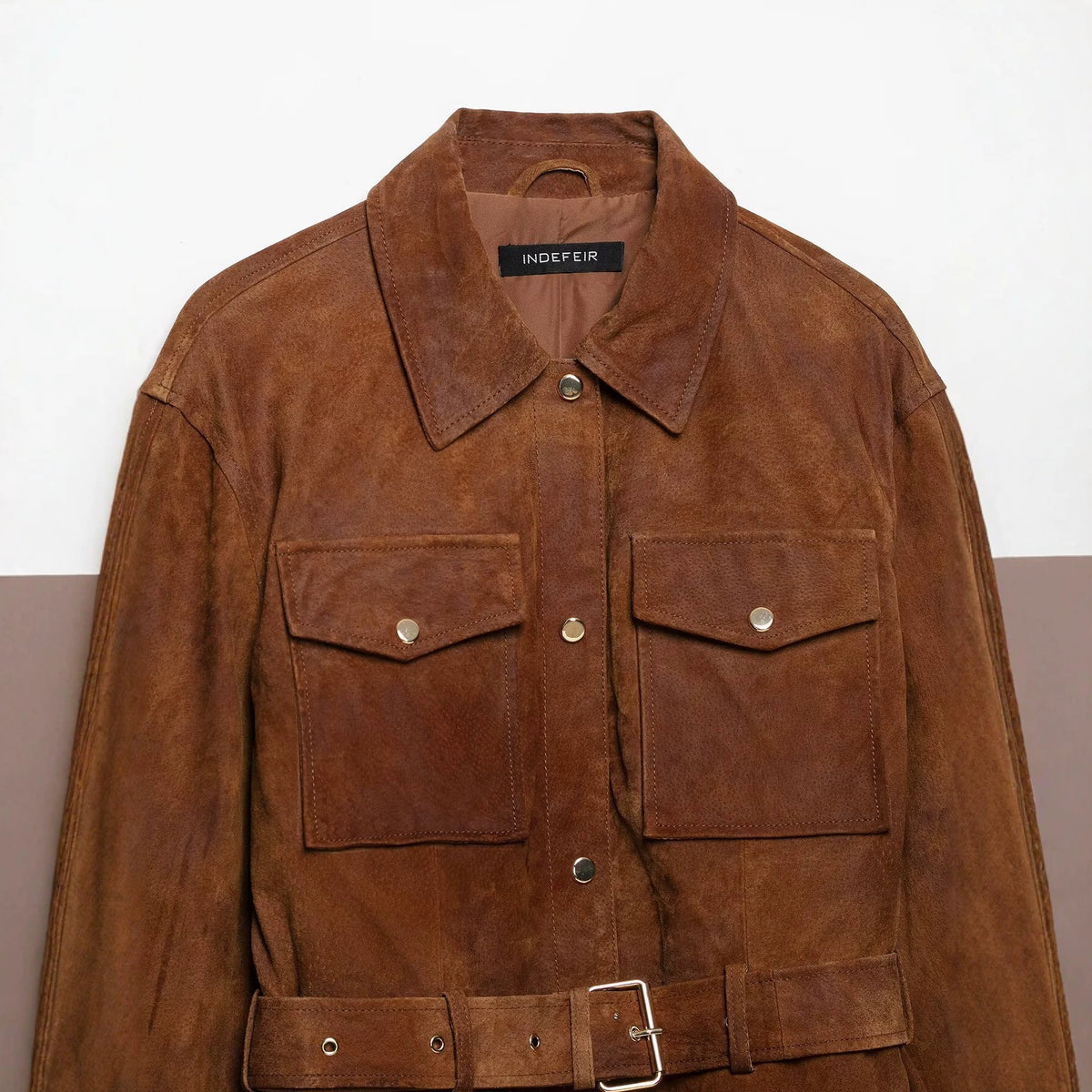 Women's short jacket in safari style made of suede with waist belt and patch chest pockets EVA-US