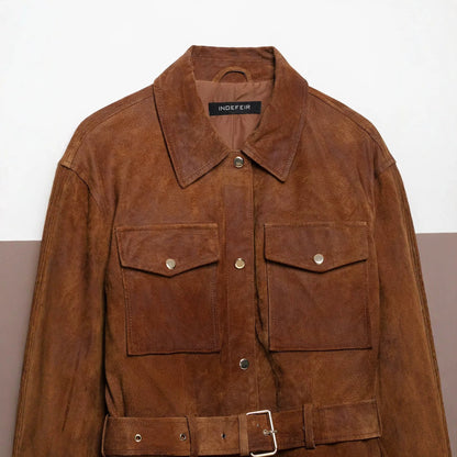 Women's short jacket in safari style made of suede with waist belt and patch chest pockets EVA-US