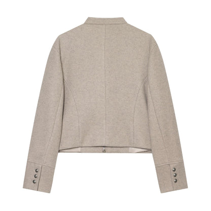 Women's Short Jacket Military-inspired Wool Blend Cropped Jacket with Stand Collar, Epaulettes and Decorative Button Placket EVA-US