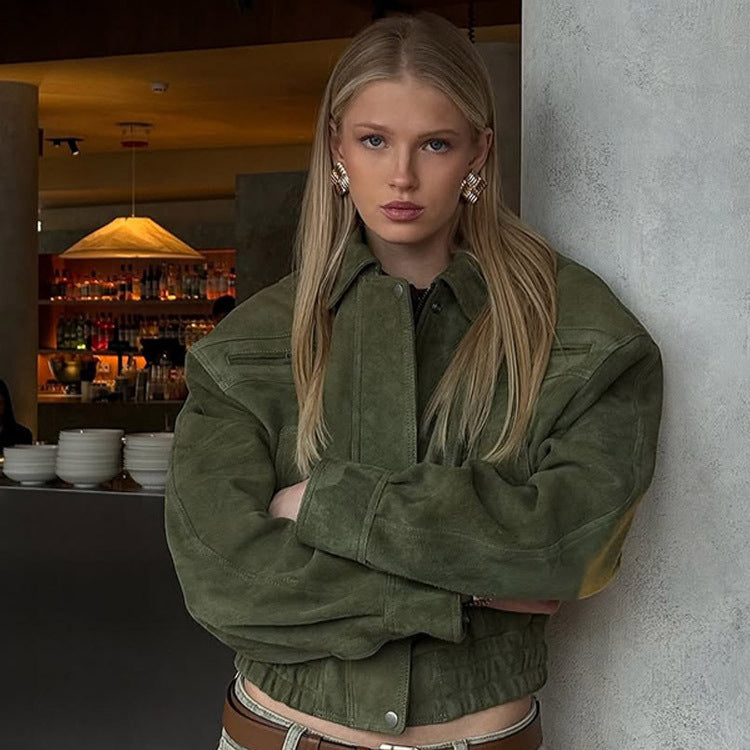Women's Short Suede Bomber with Elastic Waist and Dropped Shoulder EVA-US