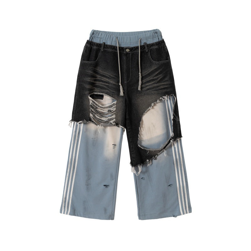 Unisex Patchwork Jeans Hybrid Pants in Oversized Cut with elastic waistband, destroy effects, and wide leg EVA-US