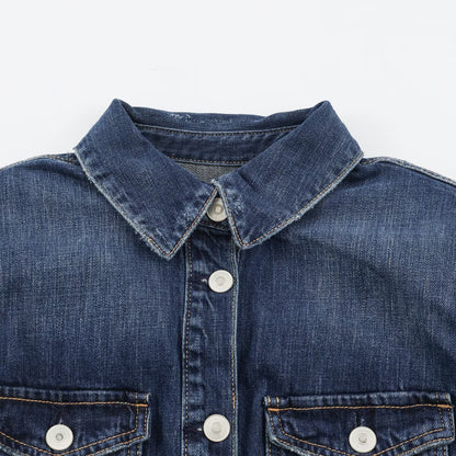 Women's Straight Denim Shirt Dress with Full Button Placket and Chest Pockets EVA-US