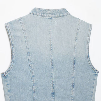 Women's jeans vest in military look with stand-up collar and decorative press stud placket EVA-US
