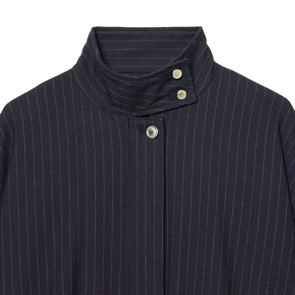 Ladies Short Pinstripe Blouson Jacket with Stand Collar, Balloon Sleeves and Elastic Hem EVA-US
