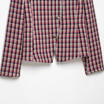 Women Short Blazer Jacket in Boucle Tweed with Stand Collar and Shoulder Pads EVA-US