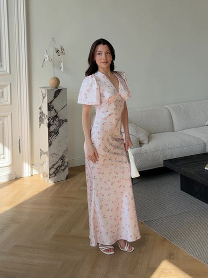 Women’s maxi dress with floral satin look, tailored silhouette and short puff sleeves EVA-US