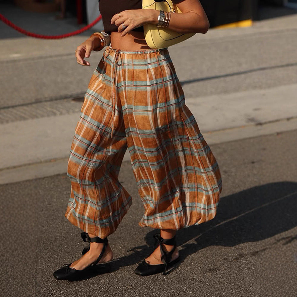 Women wide plaid harem pants with elastic waistband, drawstring & gathered ankle cuffs EVA-US